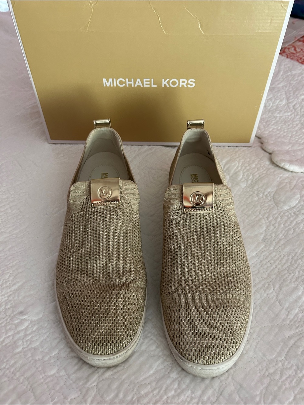 Michael Kors Metallic Juno Knit Gold Knit Slip-On Sneakers with Logo Plaque